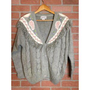 Vintage 3D Knit Sweater Cardigan V Neck Fringe Paisley Design Size M grannycore